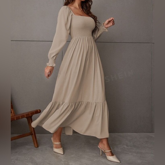 SHEIN Khaki Square Neck Shirred Ruffle Hem Dress- Size M - Picture 4 of 13